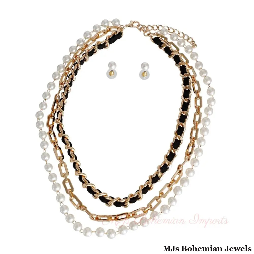 3 Layer Gold Chain and Pearl Necklace