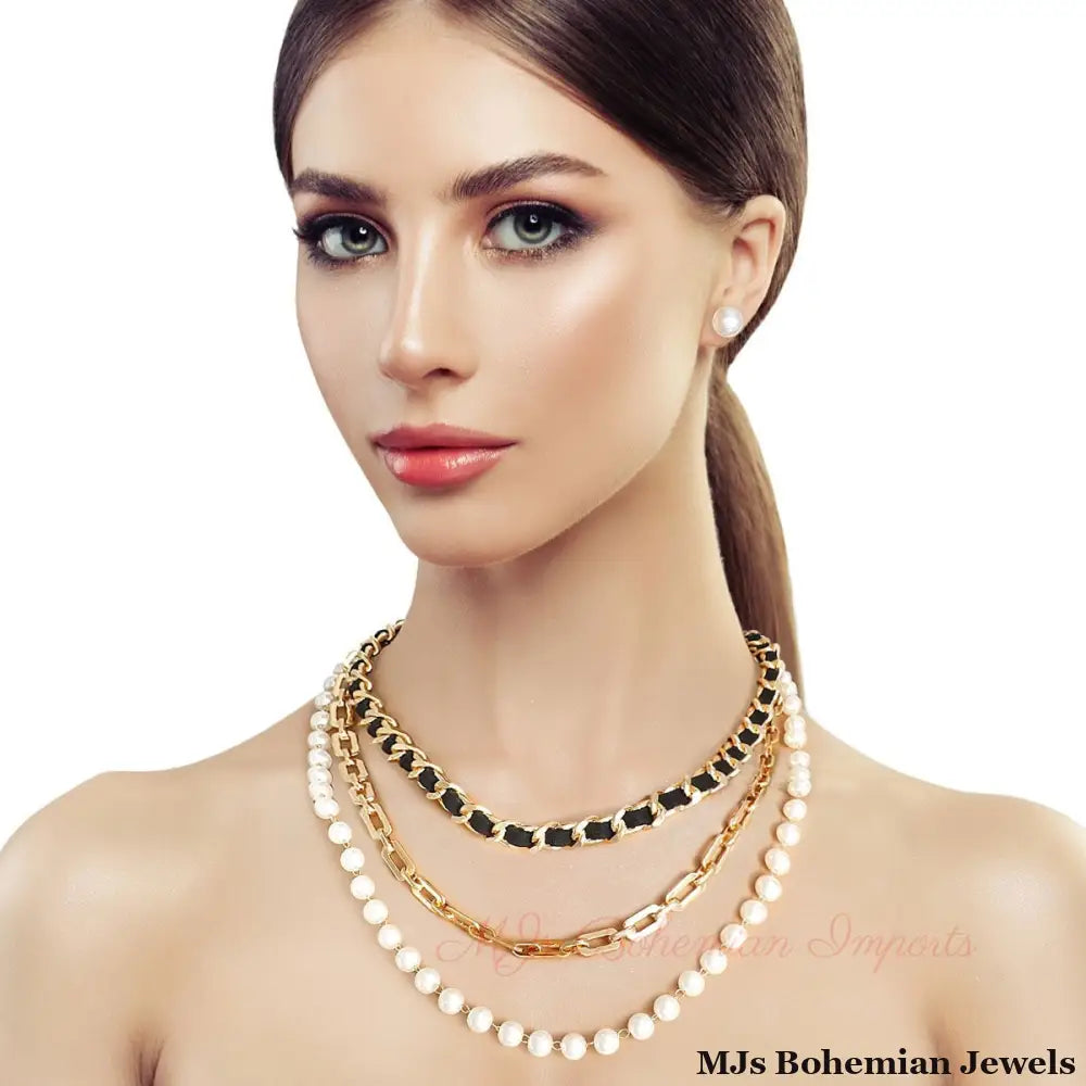 3 Layer Gold Chain and Pearl Necklace