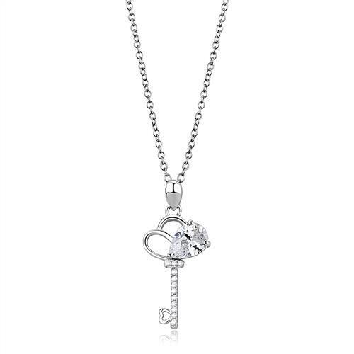 Rhodium 925 Sterling Silver Chain Pendant with AAA Grade CZ in Clear
