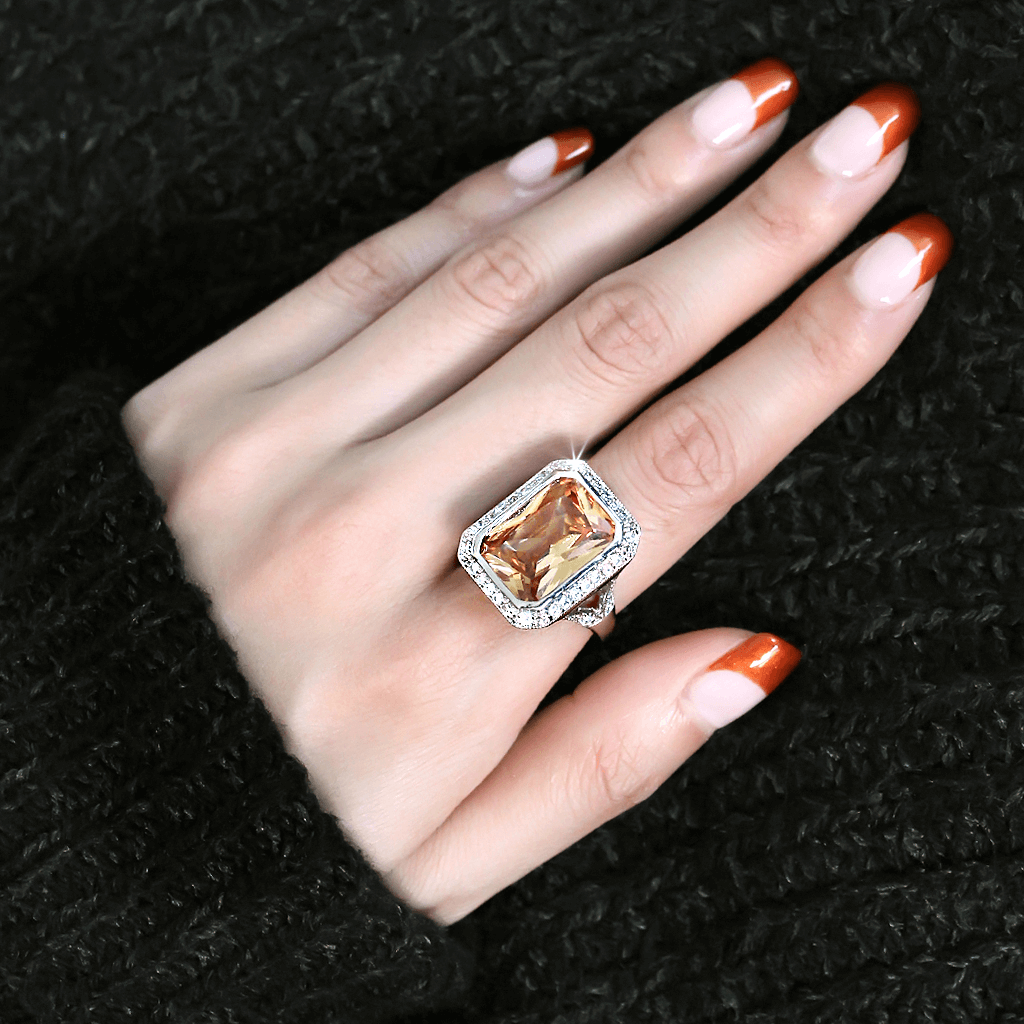 Rhodium Brass Ring with AAA Grade CZ in Champagne