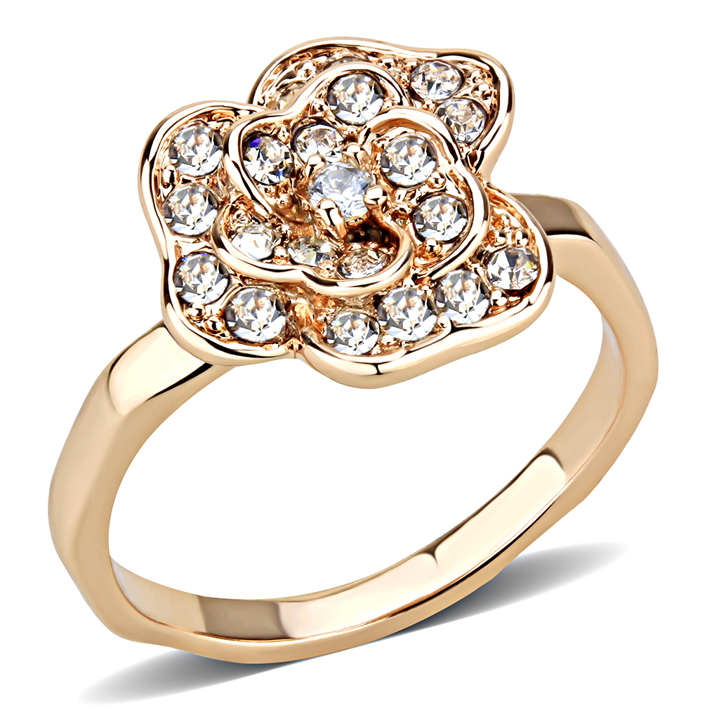 Rose Gold Brass Ring with Top Grade Crystal  in Clear