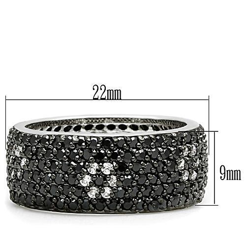 3W158 - Rhodium + Ruthenium Brass Ring with AAA Grade CZ  in Jet