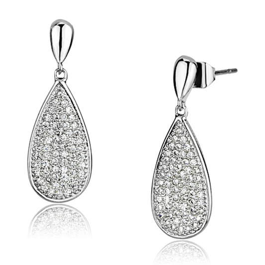 3W380 - Rhodium Brass Earrings with AAA Grade CZ  in Clear