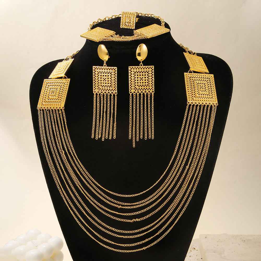 18K Gold-Plated 5-Piece Multi-Layer Tassel Jewelry Set for Weddings