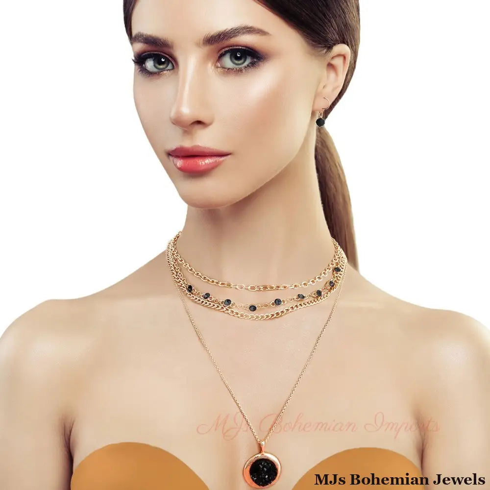 4 Strand Black Glass Necklace