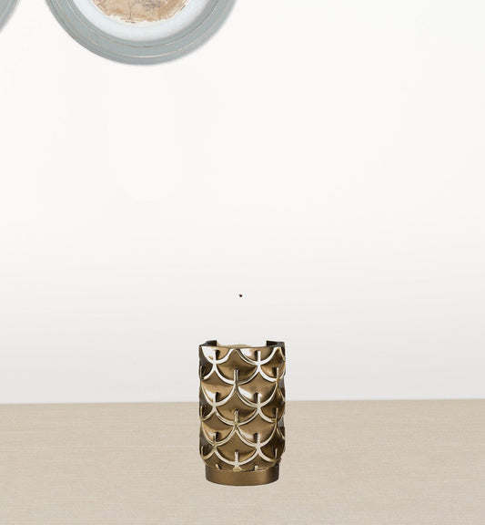 Set Of Two Antiqued Brass Tabletop Pillar Candle Holders