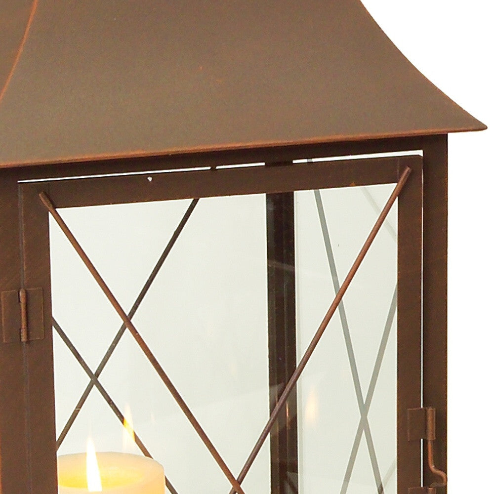Set of Three Brown Glass and Metal Lattice Floor Lantern Candle Holders