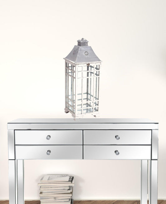 Set of Two White and Silver Metal Geometric Floor Lantern Candle Holders