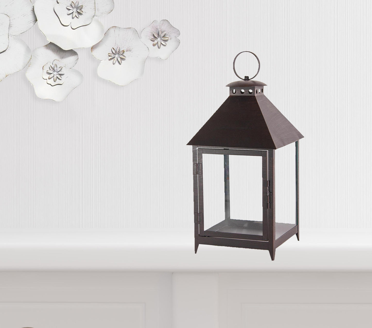 Set of Two Black Iron and Glass Geometric Floor Lantern Candle Holders