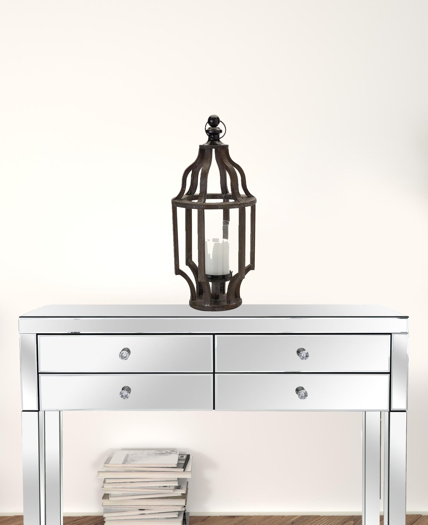 23" Black Wood and Glass Geometric Tabletop Lantern Candle Holder