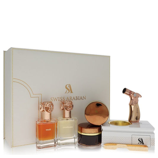 Swiss Arabian Bakhoor Dukhoon Al Haram by Swiss Arabian Gift Set -- Gift Set contains 2 x 1.7 oz Eau De Parfum in Wajd & Gharaam + 2 x 60 grams of Incense in Dukhoon Al Haram & Oud Muattar Mumtaz (Men)