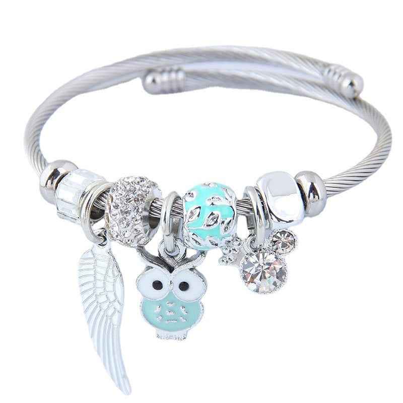 DIY Beaded Owl Bracelet with Angel Wings Pendant in Stainless Steel