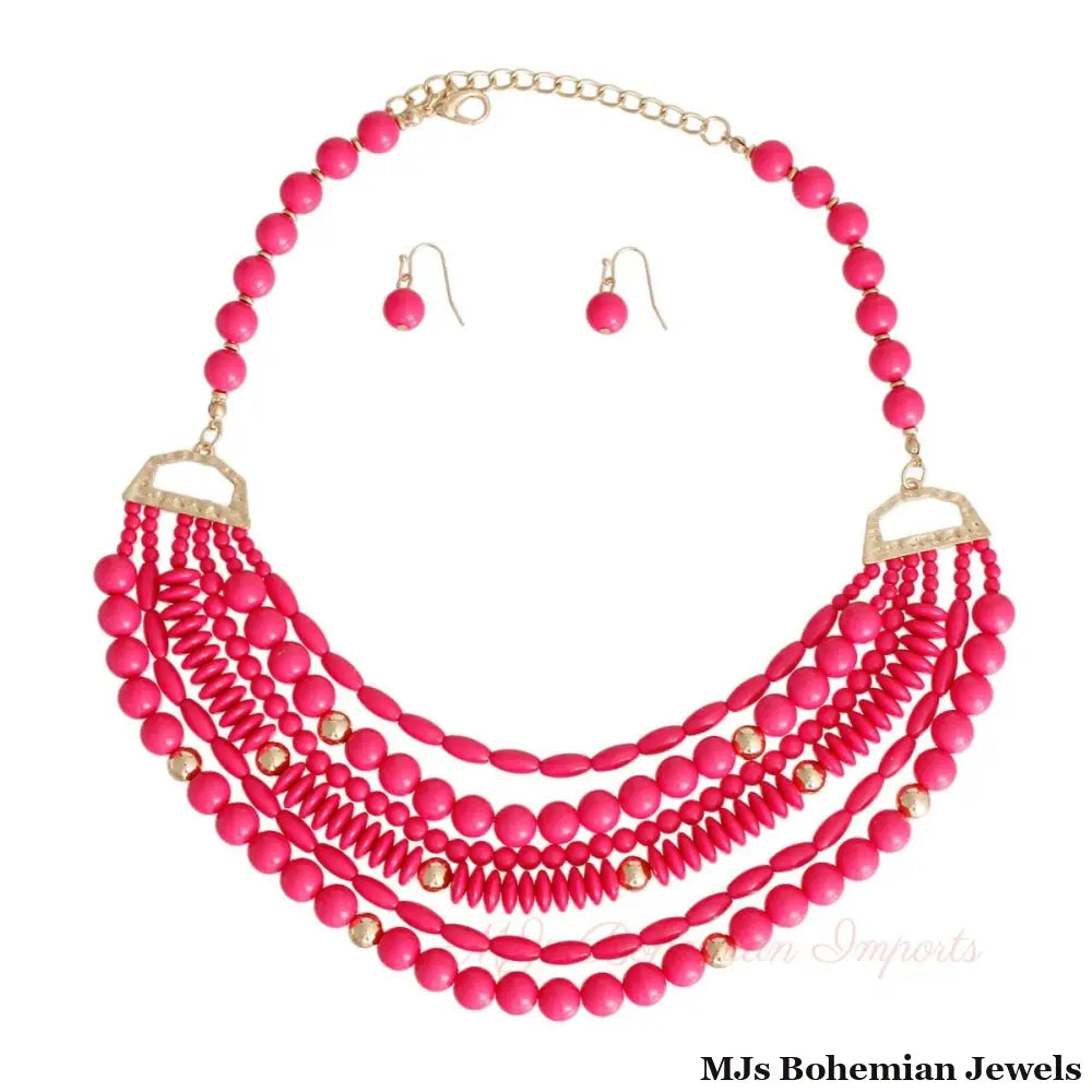 6 Layer Fuchsia Bead Necklace