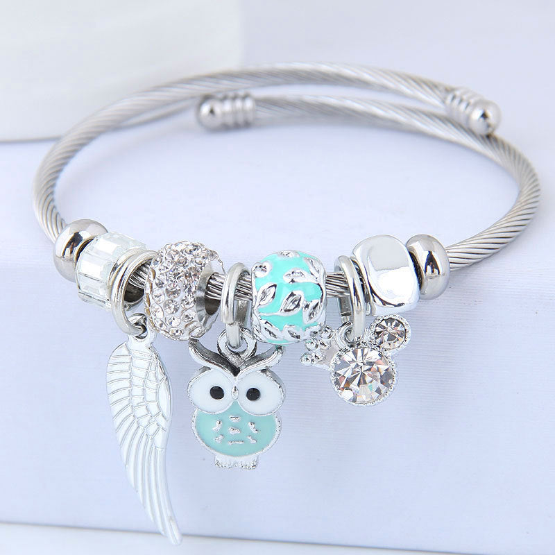 DIY Beaded Owl Bracelet with Angel Wings Pendant in Stainless Steel