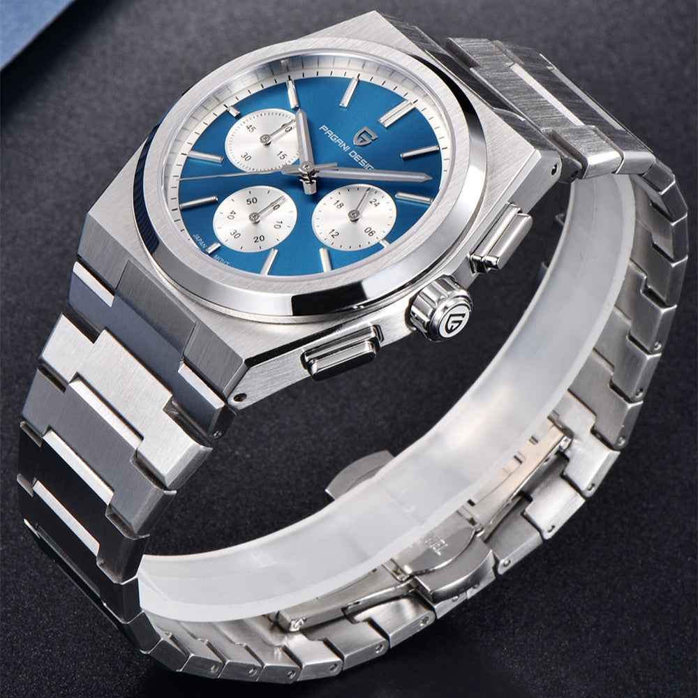 Men's Blue Chronograph Watch - 100M Waterproof, Sapphire Crystal, Stainless Steel