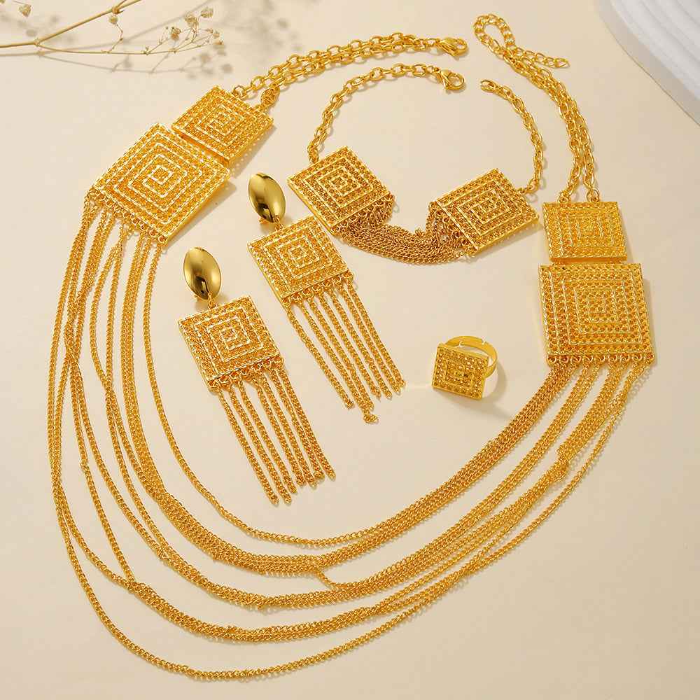 18K Gold-Plated 5-Piece Multi-Layer Tassel Jewelry Set for Weddings