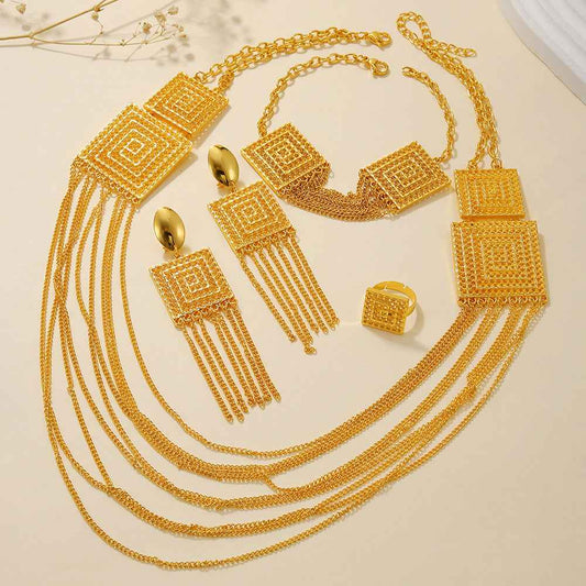18K Gold-Plated 5-Piece Multi-Layer Tassel Jewelry Set for Weddings