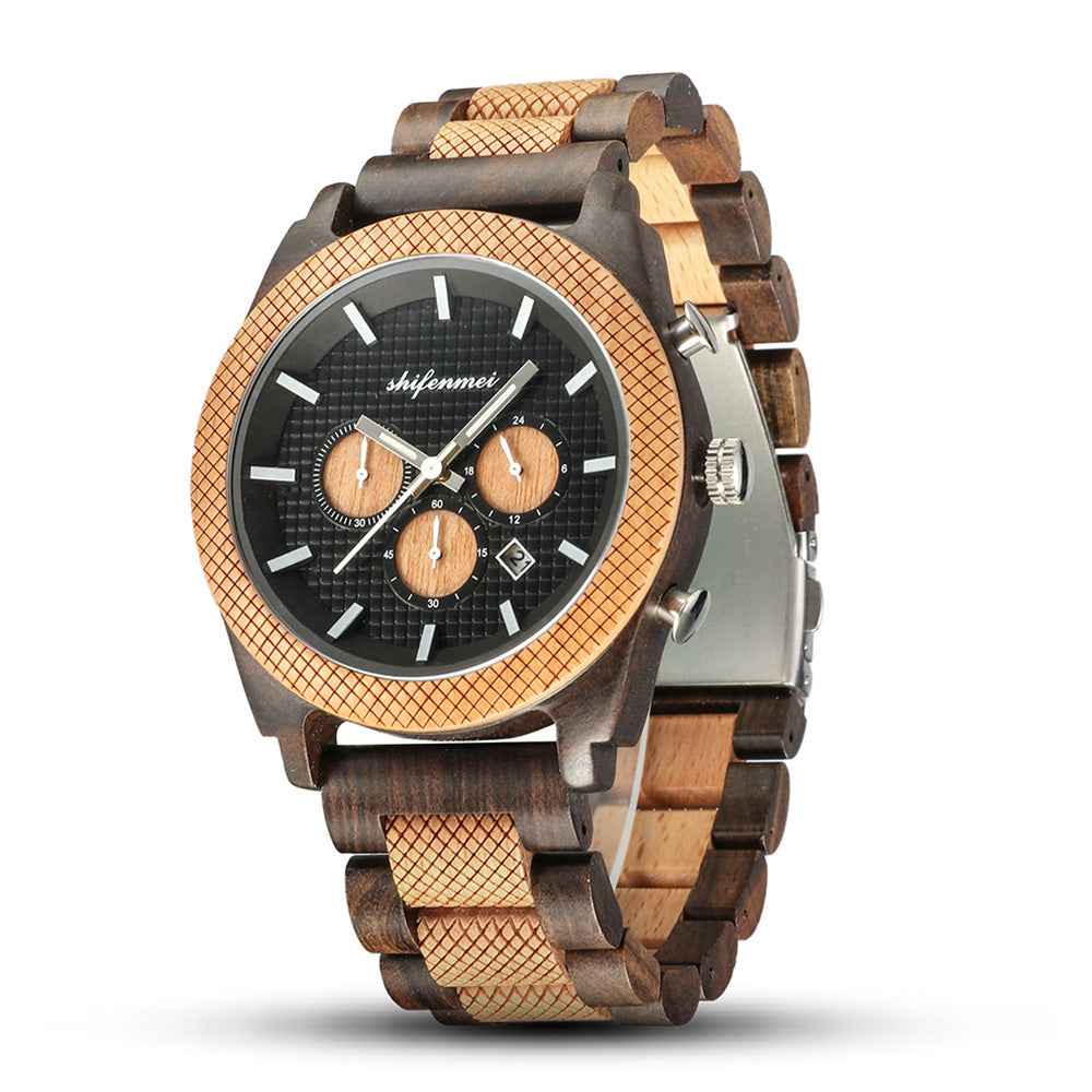 Men's Wood Chronograph Watch - Six Hand Calendar Sports Casual Timepiece for Men