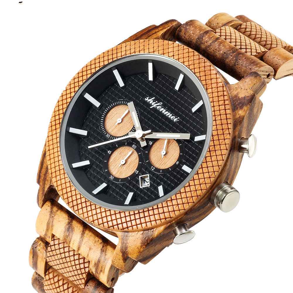 Men's Wood Chronograph Watch - Six Hand Calendar Sports Casual Timepiece for Men