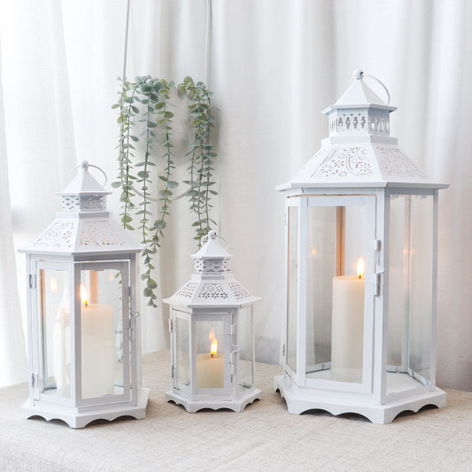 Classic Hexagonal White Metal Lantern Set Of Three -perfect For Wedding