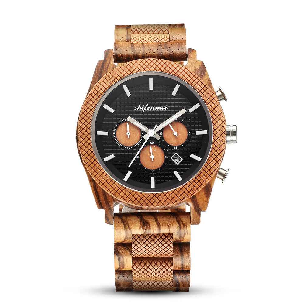 Men's Wood Chronograph Watch - Six Hand Calendar Sports Casual Timepiece for Men