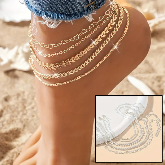5Pcs Bohemian Ankle Chains Heart-shaped Chain Anklets for Women's Summer Beach Fashion