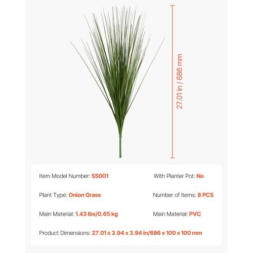 Artificial Grass Plant, 27 inch Faux Onion Grass Fake Greenery Shrubs Plant, Premium PVC for Indoor Outdoor House Home Garden Office Room D?cor, Housewarming, 8 Pack Green