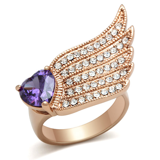 Rose Gold(Ion Plating) Brass Ring with AAA Grade CZ in Amethyst Size 5