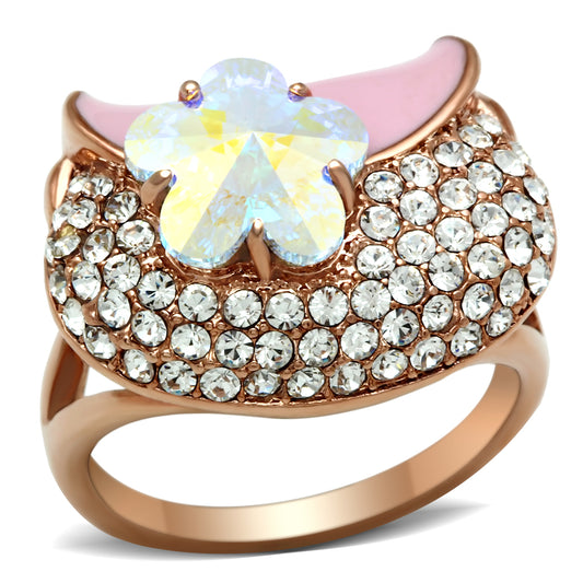 IP Rose Gold(Ion Plating) Brass Ring with Top Grade Crystal  in Clear