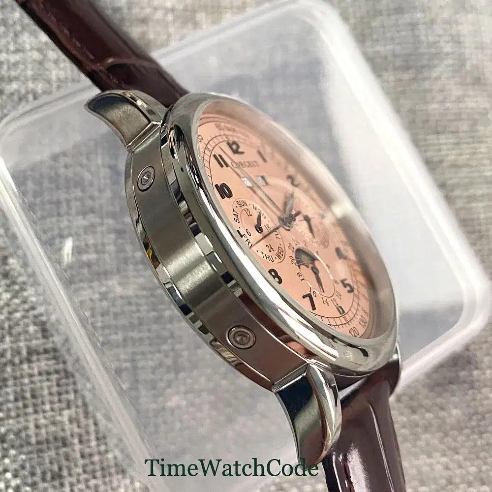 Color: Pink - Corgeut 42mm Automatic Men's Watch Date Day Month Year Rose Gold Dial Multifunction 316L Leather Strap Polished Case Day Night