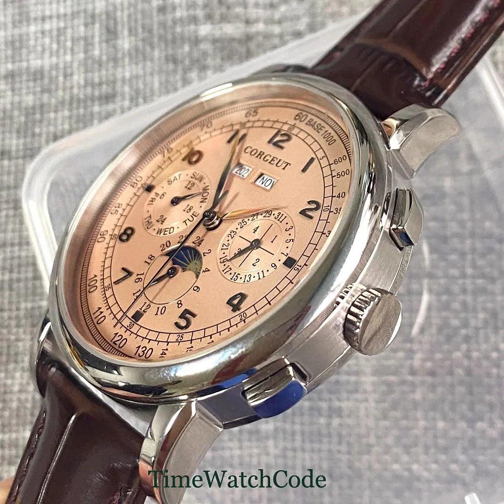 Color: Gold - Corgeut 42mm Automatic Men's Watch Date Day Month Year Rose Gold Dial Multifunction 316L Leather Strap Polished Case Day Night