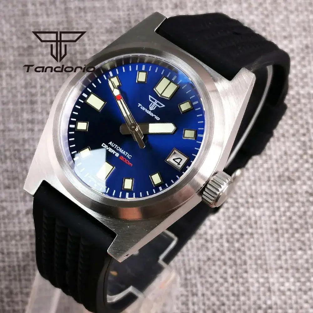 Color: WHITE - Tandorio Black/Blue/Green Sunburst Dial NH35A 38mm Automatic Men's Watch 200M Brushed Case AR Sapphire Crystal Rubber Strap