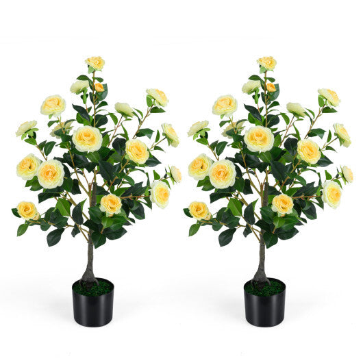 2-Pack Artificial Camellia Tree Faux Flower Plant in Cement-Filled Pot-White