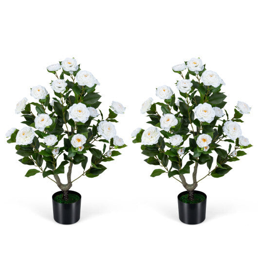 2-Pack Artificial Camellia Tree Faux Flower Plant in Cement-Filled Pot-White - Color: White
