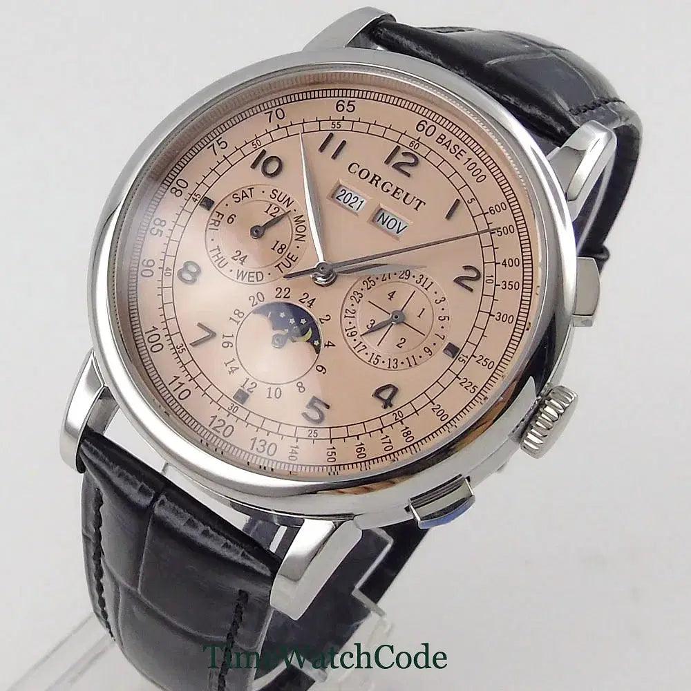 Color: Black - Corgeut 42mm Automatic Men's Watch Date Day Month Year Rose Gold Dial Multifunction 316L Leather Strap Polished Case Day Night