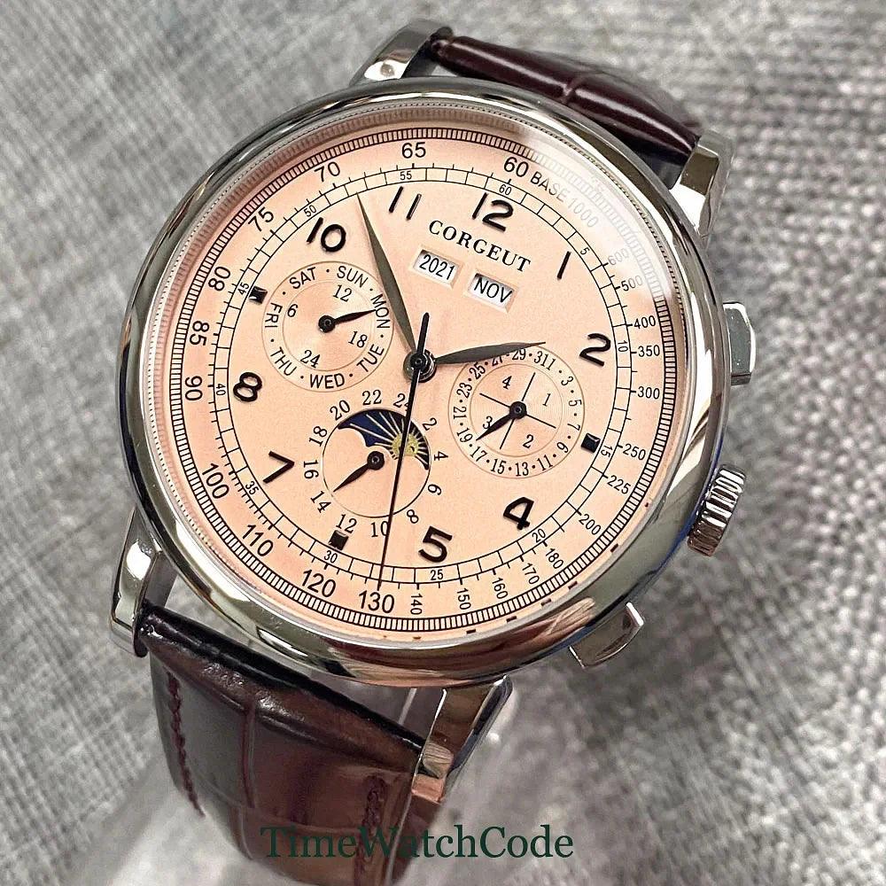 Color: Blue - Corgeut 42mm Automatic Men's Watch Date Day Month Year Rose Gold Dial Multifunction 316L Leather Strap Polished Case Day Night