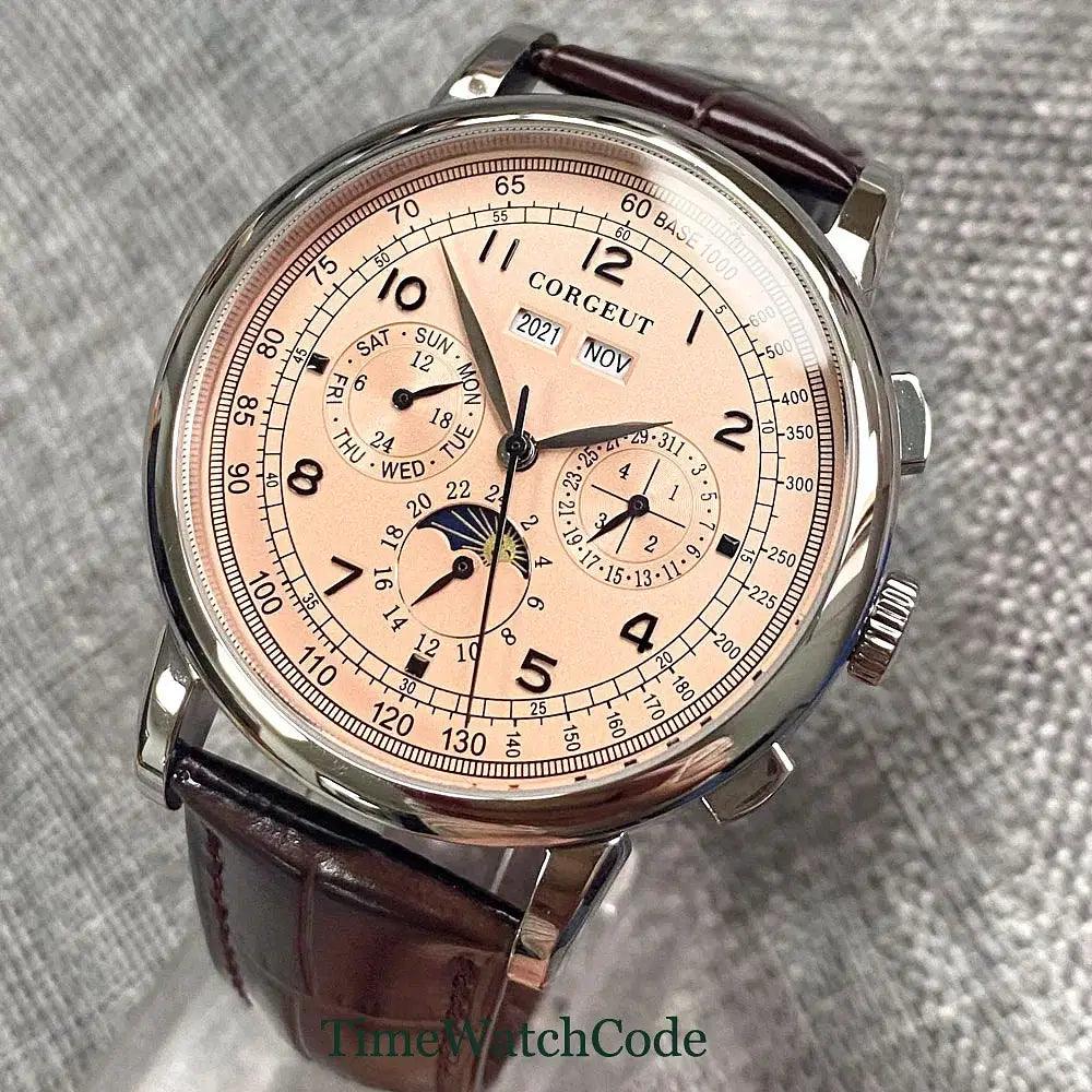Color: Pink - Corgeut 42mm Automatic Men's Watch Date Day Month Year Rose Gold Dial Multifunction 316L Leather Strap Polished Case Day Night