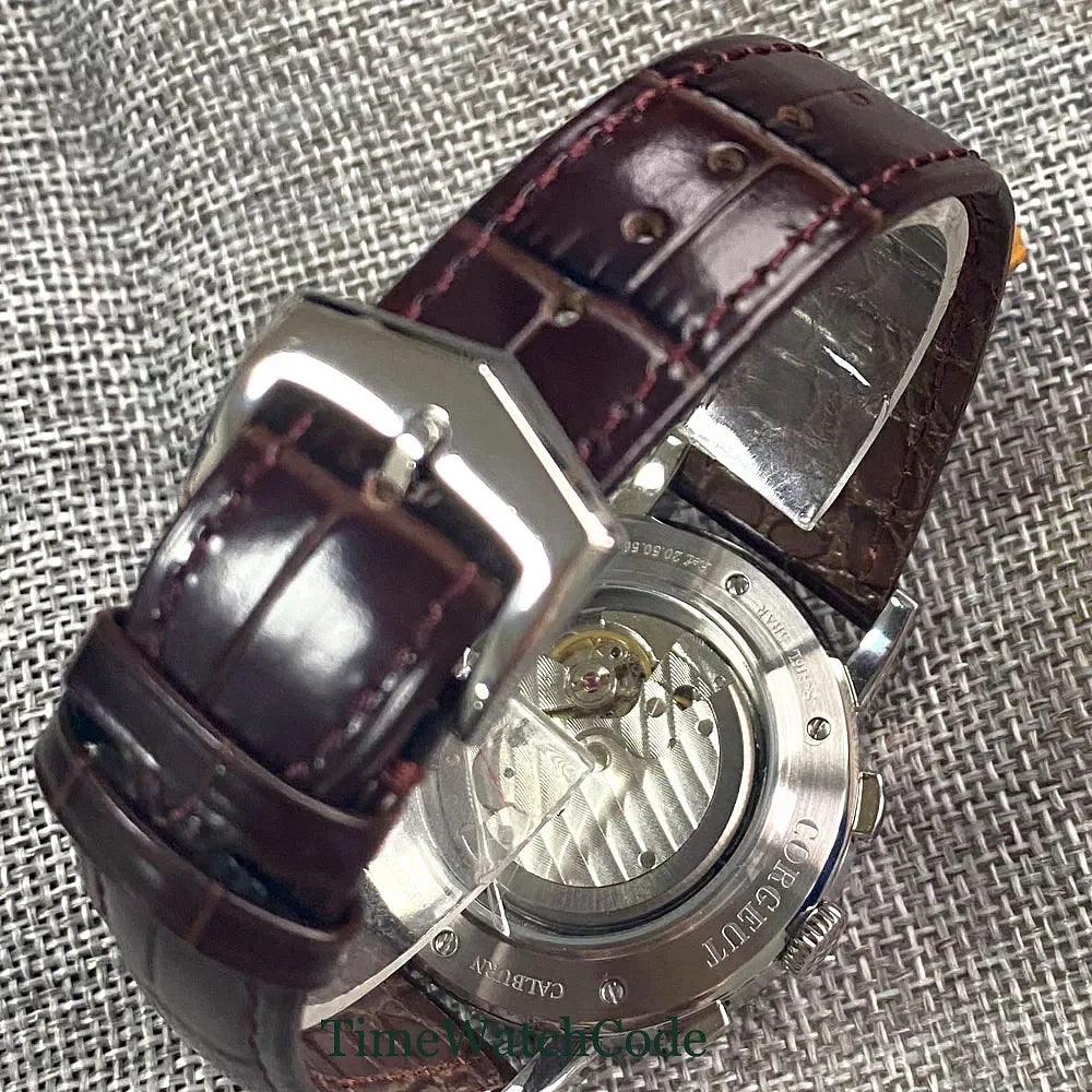 Color: Yellow - Corgeut 42mm Automatic Men's Watch Date Day Month Year Rose Gold Dial Multifunction 316L Leather Strap Polished Case Day Night