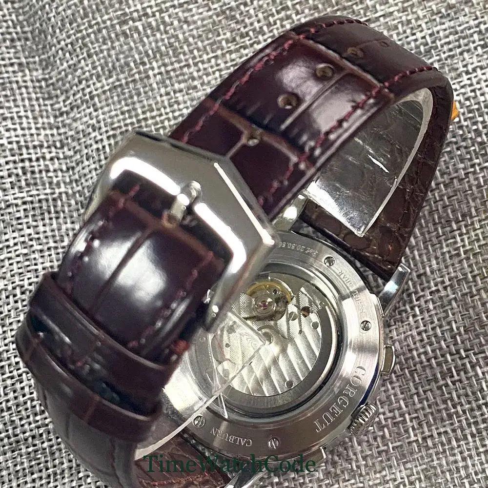 Color: Black - Corgeut 42mm Automatic Men's Watch Date Day Month Year Rose Gold Dial Multifunction 316L Leather Strap Polished Case Day Night