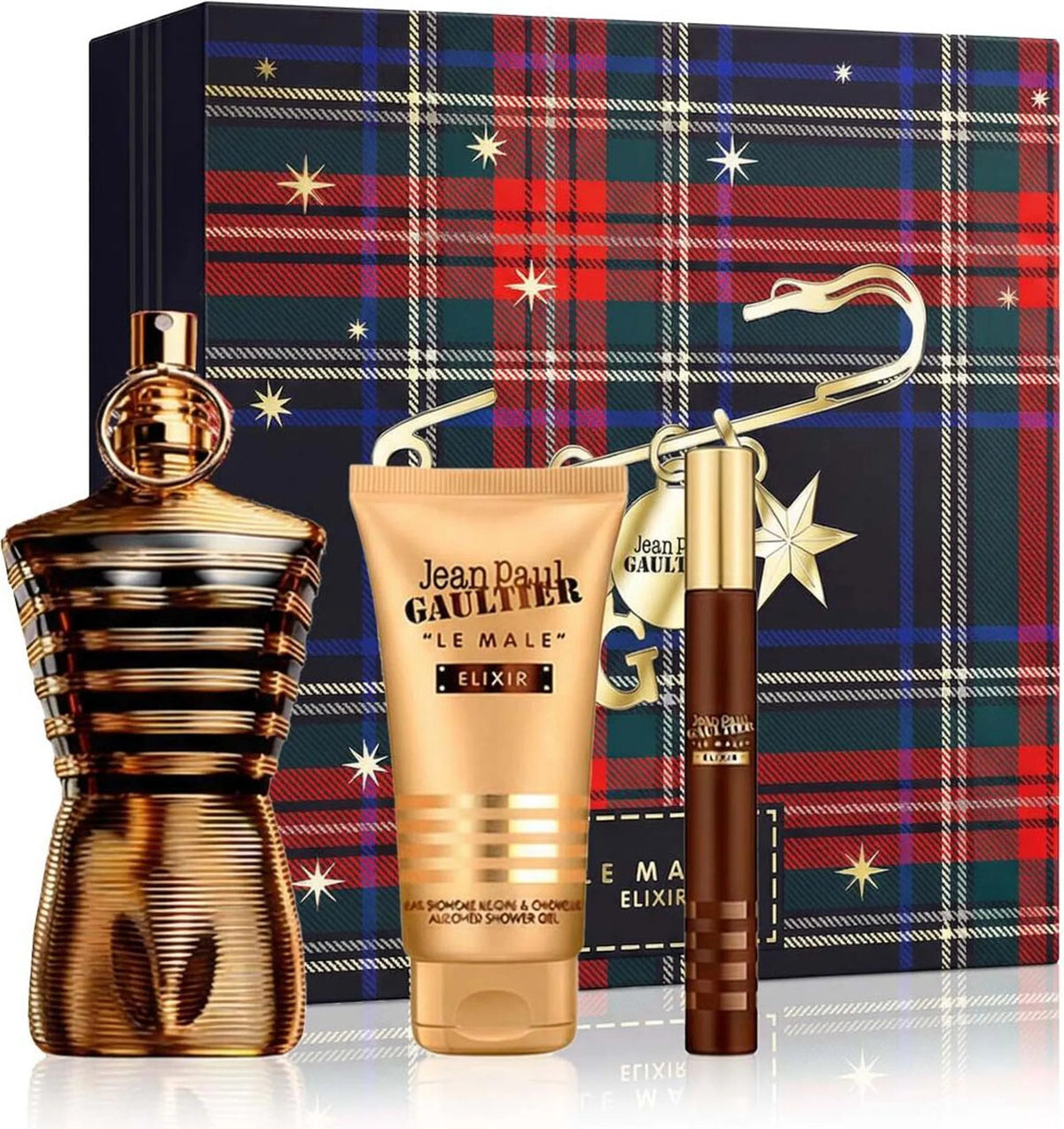 JEAN PAUL GAULTIER LE MALE ELIXIR 3 PCS SET: 4.2 PARFUM SPRAY + 0.34 PARFUM SPRAY + 2.5 ALL-OVER SHOWER GEL