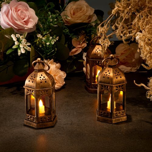 12 Pcs Decorative Candle Lantern, LED Electric Flameless Candle, Plastic LED Holder with Glass, Wall Hanging Indoor Porch Lanterns for Wedding Table Party Farmhouse Indoor Decor, Bronze