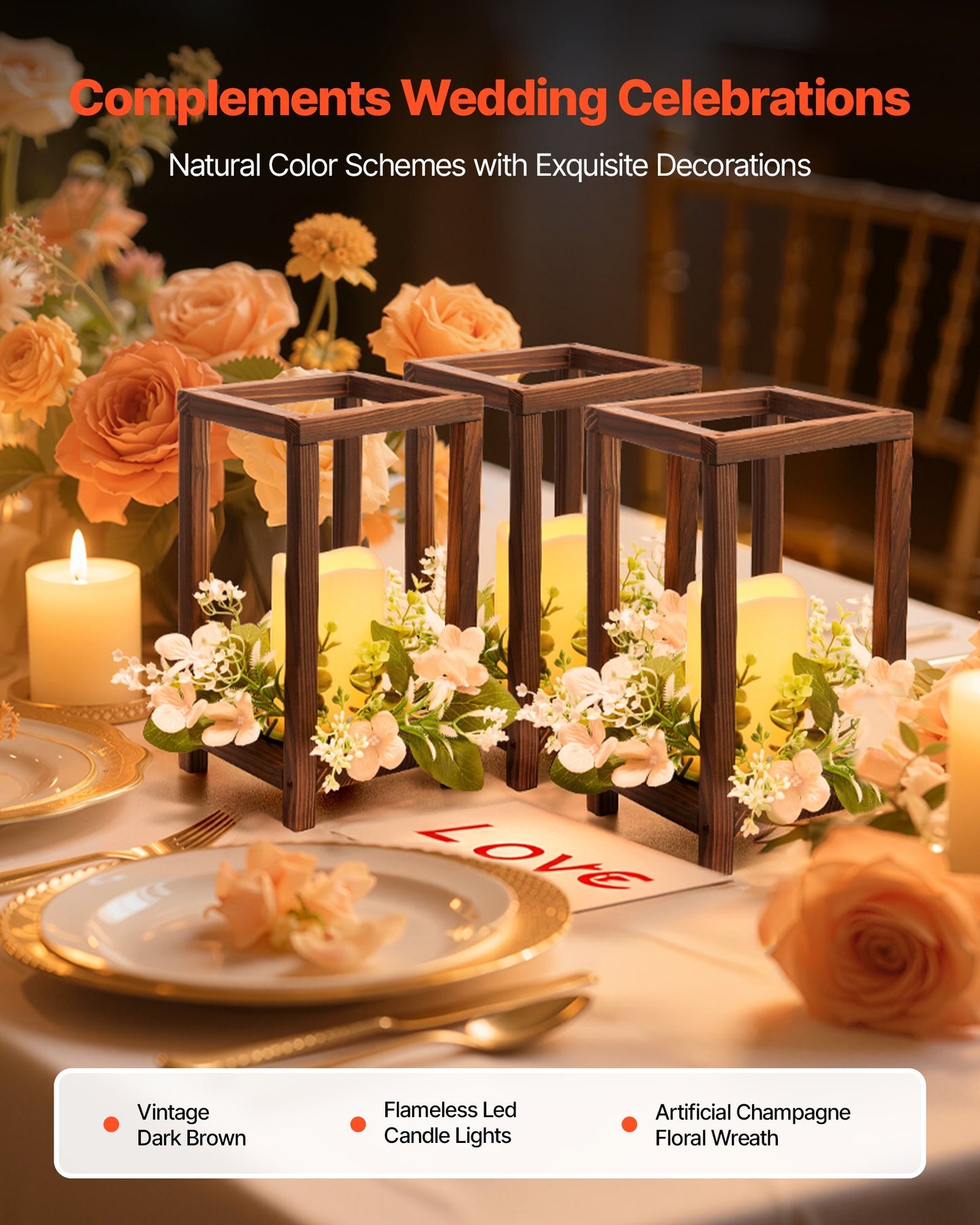 10 Set/30 Pcs Wooden Wedding Lantern Centerpiece, Includes 10 Wooden Lantern Candle Holder 10 Flameless LED Candle 10 Champagne Flower Wreath for Wedding Table Party Farmhouse Decor, Brown