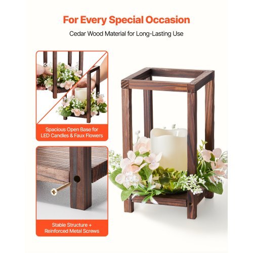 10 Set/30 Pcs Wooden Wedding Lantern Centerpiece, Includes 10 Wooden Lantern Candle Holder 10 Flameless LED Candle 10 Champagne Flower Wreath for Wedding Table Party Farmhouse Decor, Brown