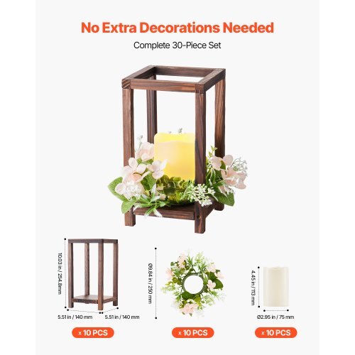 10 Set/30 Pcs Wooden Wedding Lantern Centerpiece, Includes 10 Wooden Lantern Candle Holder 10 Flameless LED Candle 10 Champagne Flower Wreath for Wedding Table Party Farmhouse Decor, Brown