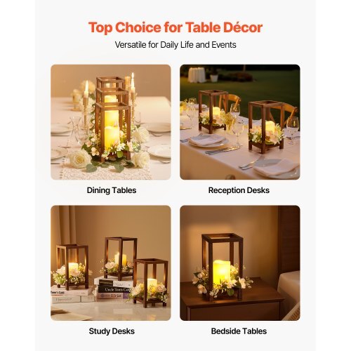 10 Set/30 Pcs Wooden Wedding Lantern Centerpiece, Includes 10 Wooden Lantern Candle Holder 10 Flameless LED Candle 10 Champagne Flower Wreath for Wedding Table Party Farmhouse Decor, Brown