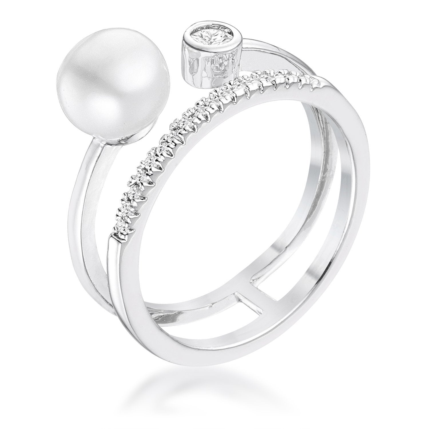 .15Ct Rhodium Plated CZ and Freshwater Pearl Contemporary Double Band Ring - MJs Bohemian Jewels