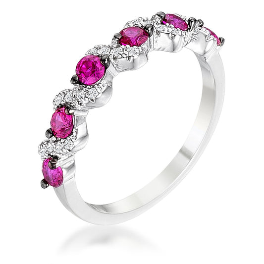 .18Ct Rhodium Hematite Plated S Shape Fuchsia and Clear CZ Half Eternity Band - MJs Bohemian Jewels