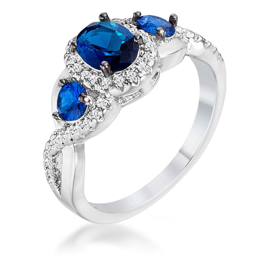 Rhodium Hematite Plated Sapphire Blue & Clear CZ Three Stone Twisted Ring