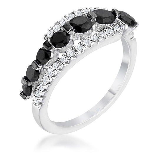 1.06Ct Rhodium & Hematite Plated Graduated Black & Clear CZ Half Eternity Ring Size 5