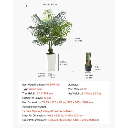 Artificial Areca Palm Tree 5 ft, Fake Palm Tropical Plants with White Tall Planter, Faux Floor Silk Plant in Pot, Large Trees for Home Office Living Room Decor House Warming, Indoor Outdoor